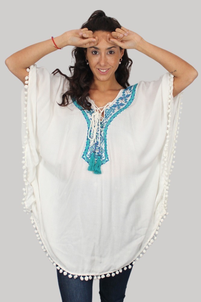 Blusa Poncho Bambula Bordada Talle Grande Importada - Imagen 4