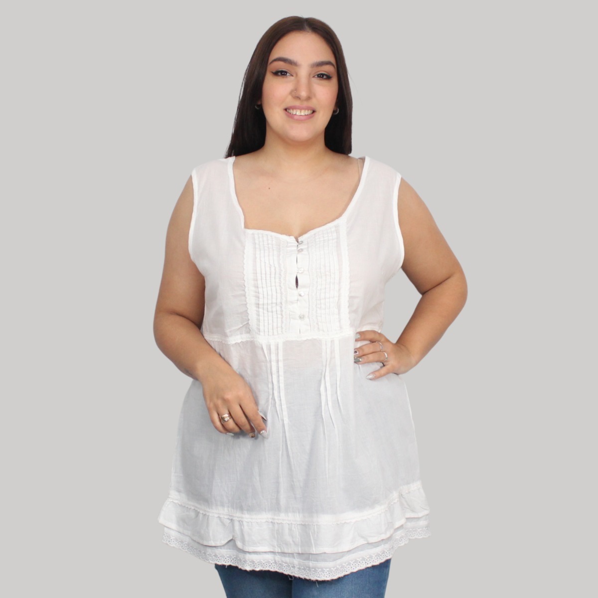 Blusa Musculosa Abotonada Plizas Algodon Amplia Importada - Imagen 9