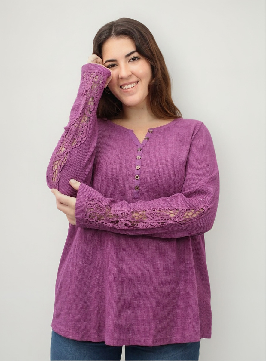 Blusa Remera Sonoma Botones Detalles Encaje T. Grande Import - Imagen 6