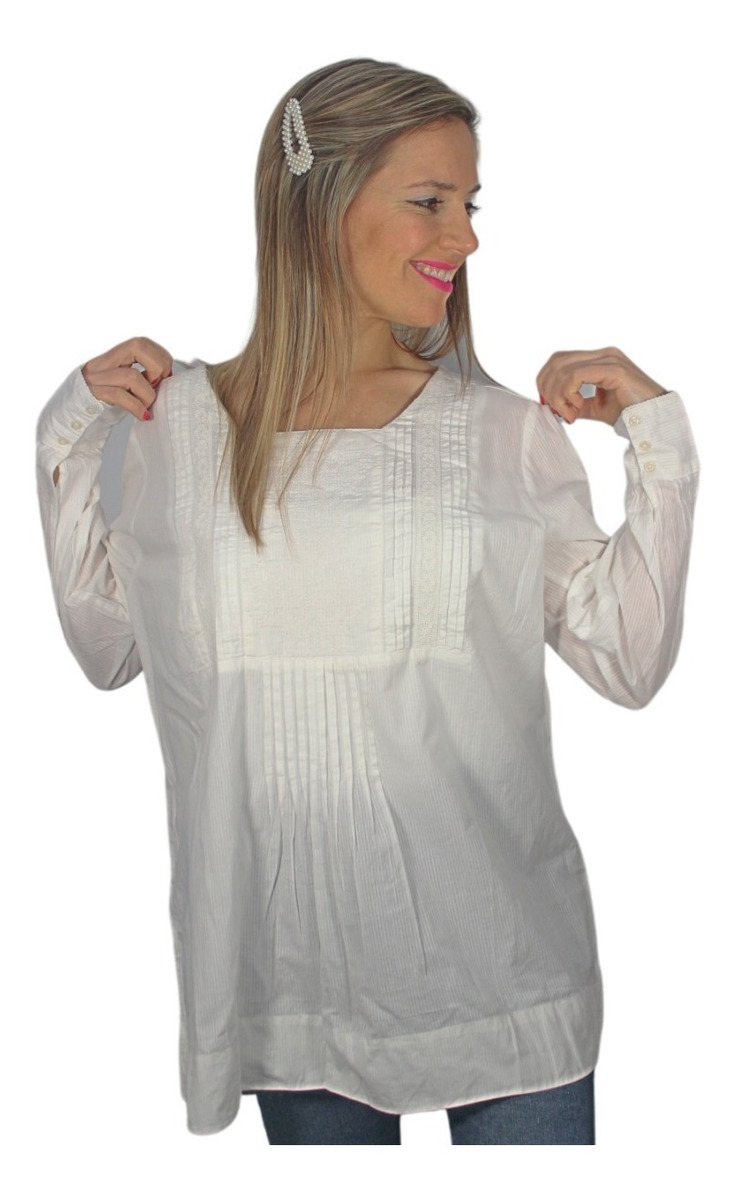 Blusa Blanca Plizas Bordado Computer Talle Grande Importada - Imagen 4