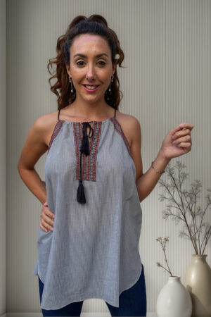 Blusa Musculosa Loft Amplia Rayas Y Bordado Calidad Premium