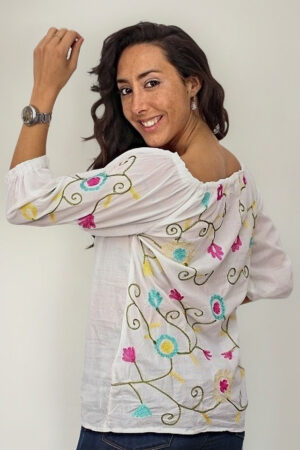 Blusa Blanca Mujer Paisana Bordada Flores Importada