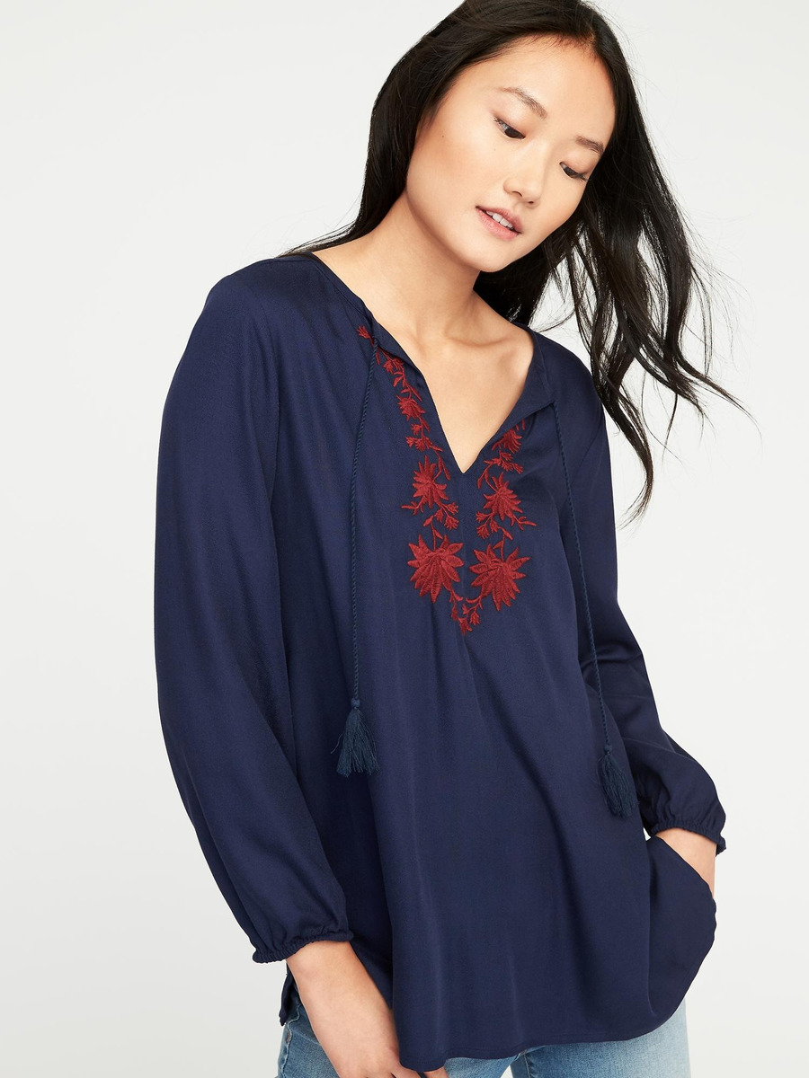 Blusa Old Navy Azul C/bordados Bordo Viscos M/l Y T. Grande