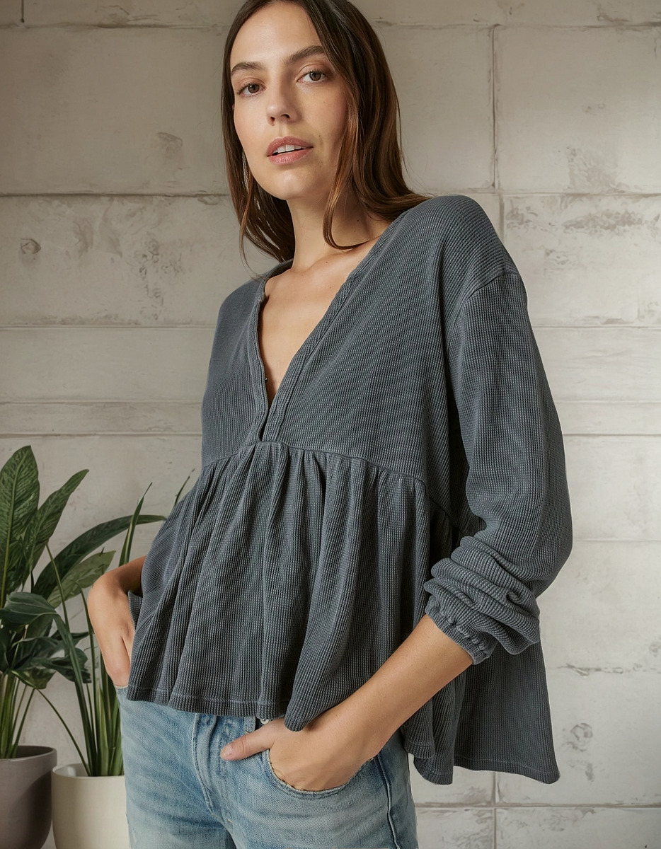 Blusa Lucky Brand Waffle Peplum Top Talle Grande Algodón100%