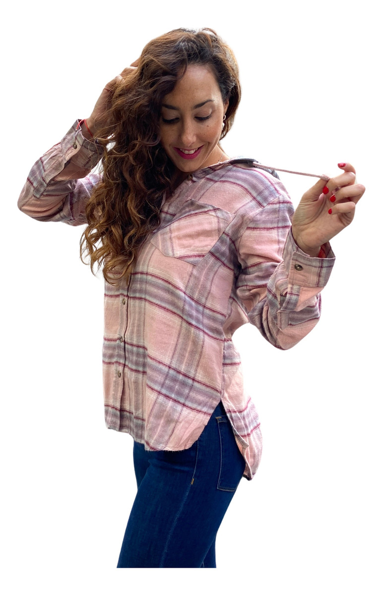 Camisa Mujer Escocesa Cuadrille Capucha Amplia Importada - Imagen 2