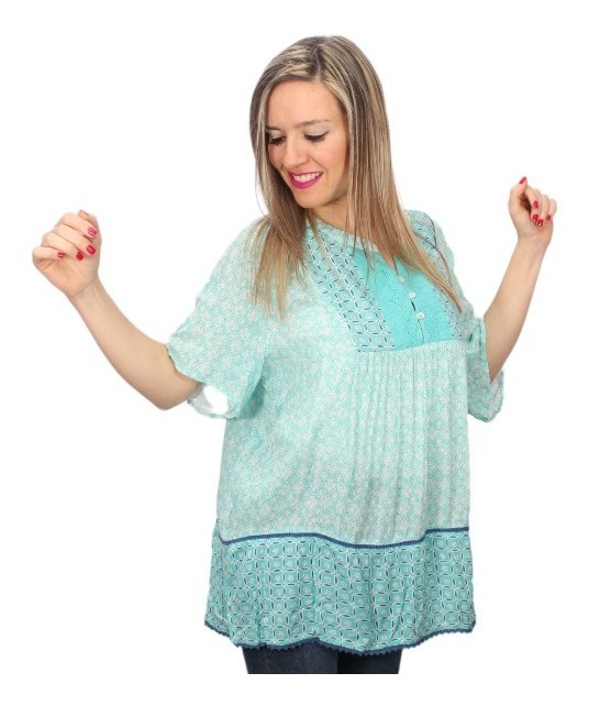 Blusa Bambula Panel Print Detalles Puntilla Amplia Importada - Imagen 3