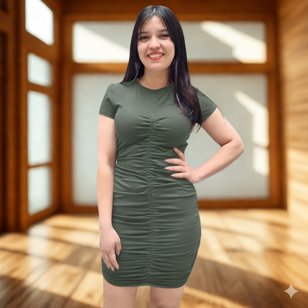 Vestido Corto Con Frunce Elastizado Mujer Verano Importado